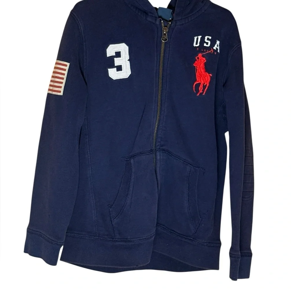 Polo Ralph Lauren Boys Navy Big Pony USA Flag Full Zip Hoodie Jacket Size‎ 7